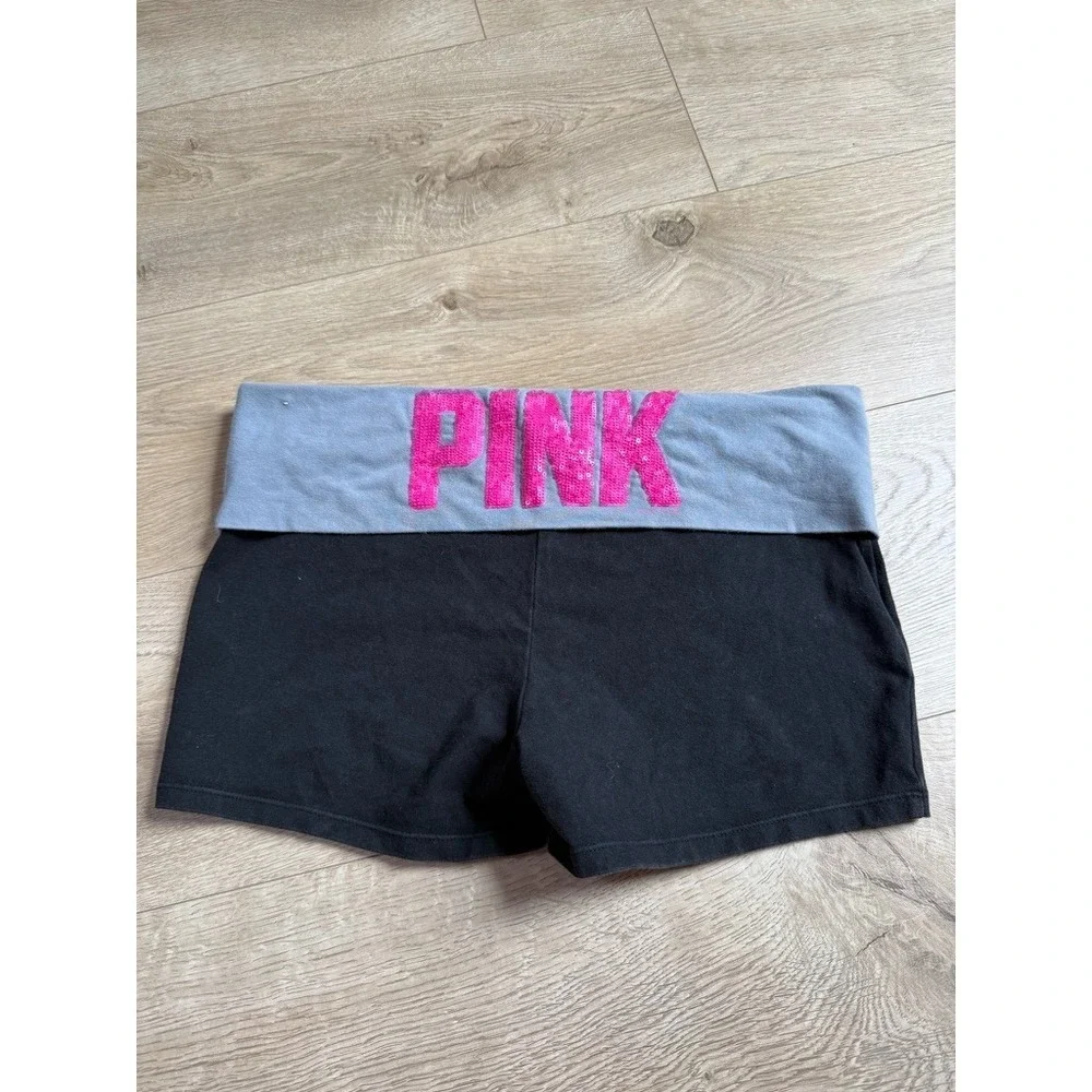 EUC Victoria Secret PINK YOGA Y2K fold over waist shorts‎ sequin logo size L
